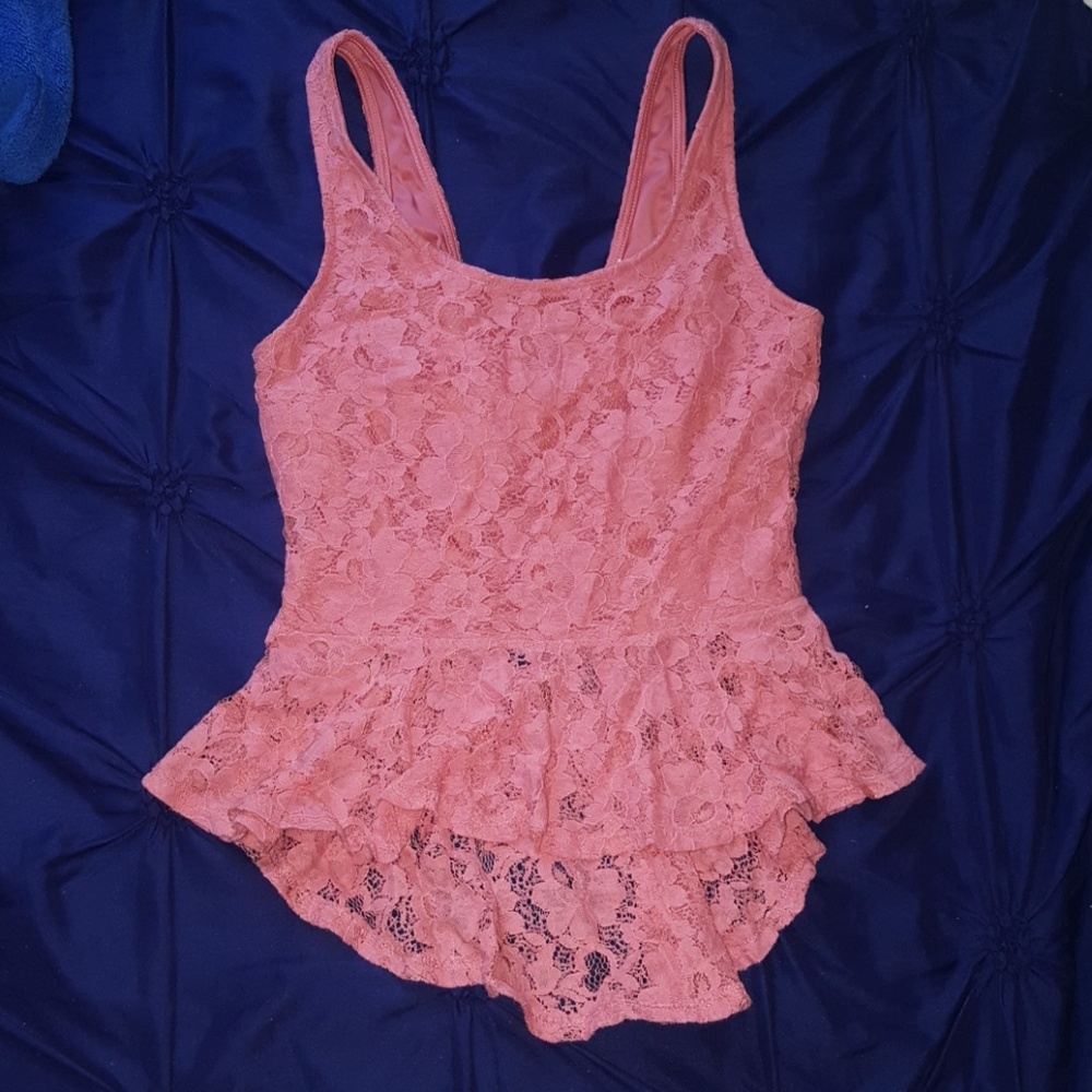 Pink Lace Peplum High Low Open Back Top